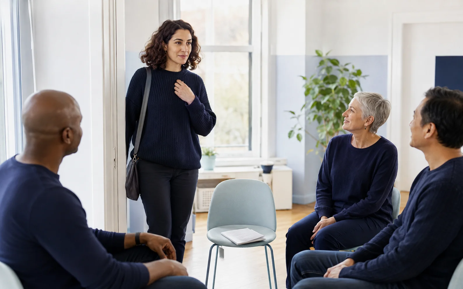 A woman preparing to join a small welcoming discussion group