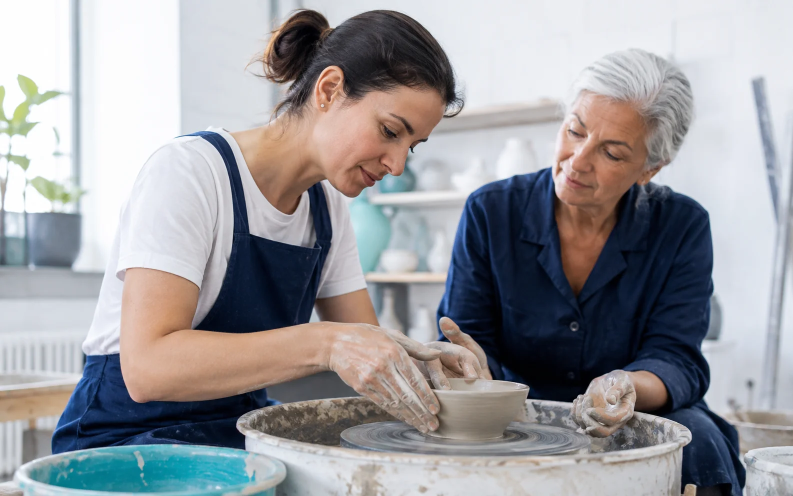 A woman shaping her first clay bowl with an instructor beside her